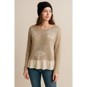 Style & Co Floral Knit Sweater M – Boho Layered Hem Beige Pullover Top